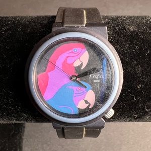 Vintage Timex Exotics Watch Retro Art Parrot Design Watch Black Band Unisex.